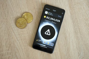 KYIV, UKRAINE - 20 Nisan 2024 Akıllı telefon ekranında Notcoin telgraf robotu. Notcoin sanal bir şifreleme işleterek hatıra kazanmak için kullanılan bir viral Telegram tabanlı şifreleme oyunudur.
