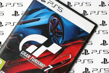 KYIV, UKRAINE - JUNE 26, 2024 Gran Turismo 7 PS5 video game disc box for console gaming. Popular video game disc close up clipart