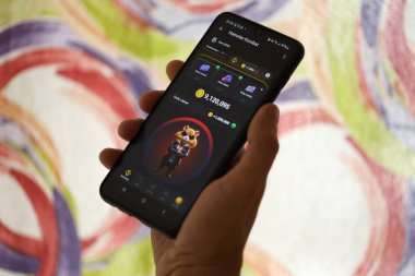 KYIV, UKRAINE - 26 Haziran 2024 Hamster Kombat mini telgraf oyunu. Akıllı telefondaki tıkırtı oyunu elinizin altında