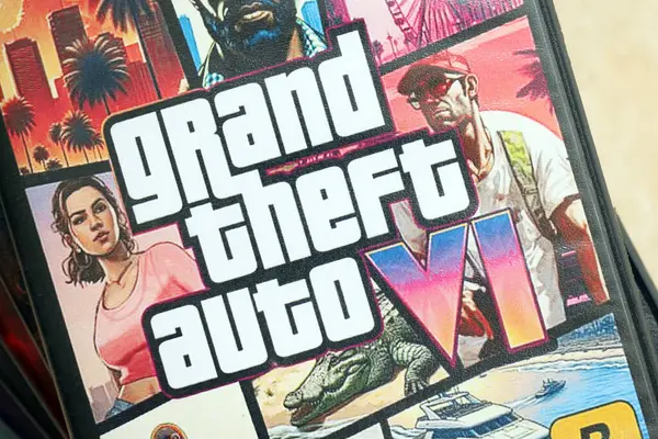 KYIV, UKRAINE - 26 Haziran 2024 Grand Theft Auto 6 PS5 video oyun diski konsol oyun kutusu. Hayali hayran yapımı video oyunu disk paketi kapağı kapat
