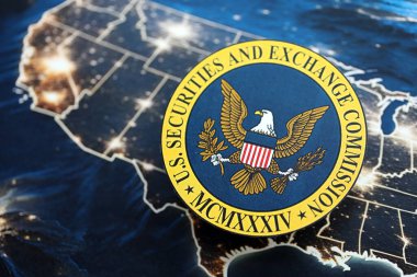 KYIV, UKRAINE - 26 Haziran 2024 ABD Menkul Kıymetler ve Borsa Komisyonu arması Amerika Birleşik Devletleri kağıt haritasında