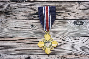 KYIV, UKRAINE 10 Temmuz 2024 Sahil Güvenlik Madalyası. Birleşik Devletler askeri madalyası, kurdele ve broşla. El yapımı kağıt tiyatro dekorları yakın plan.