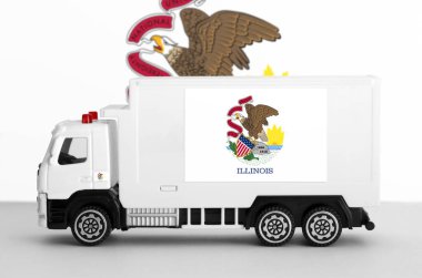 Illinois US state flag depicted on side wall of white delivery van close up. Shipping and local delivery concept clipart