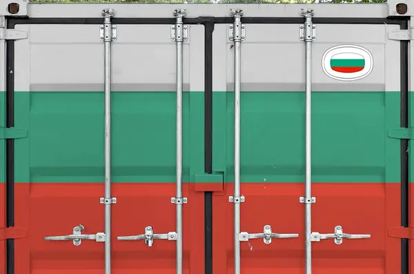 stock image Bulgaria flag depicted on metal doors of shipping cargo container outdoors in docks area close up