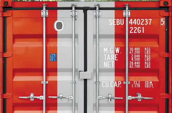 stock image Peru flag depicted on metal doors of shipping cargo container outdoors in docks area close up