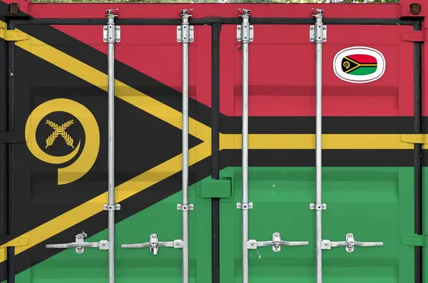 stock image Vanuatu flag depicted on metal doors of shipping cargo container outdoors in docks area close up