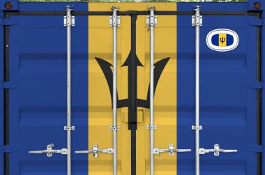 Barbados flag depicted on metal doors of shipping cargo container outdoors in docks area close up clipart