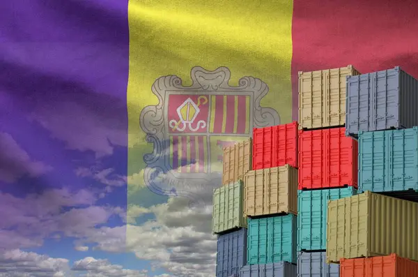 stock image Andorra flag and big stack of shipping cargo containers in docks with sky background close up