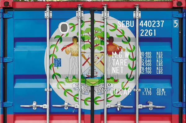 Stock image Belize flag depicted on metal doors of shipping cargo container outdoors in docks area close up