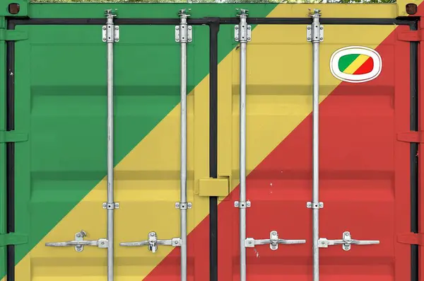 stock image Congo flag depicted on metal doors of shipping cargo container outdoors in docks area close up