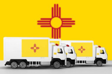 New Mexico US state flag depicted on side wall of white delivery van close up. Shipping and local delivery concept clipart