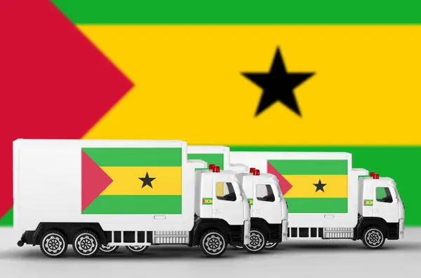 stock image Sao Tome and Principe flag depicted on side wall of white delivery van close up. Shipping and local delivery concept