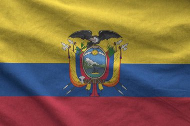 Ecuador flag depicted on folded wavy fabric of old cloth close up clipart