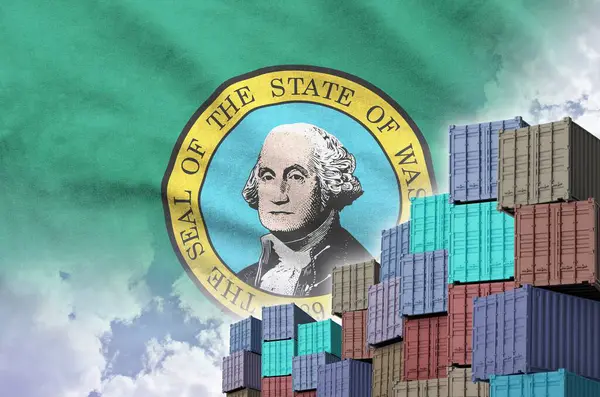 stock image Washington US state flag and big stack of shipping cargo containers in docks with sky background close up