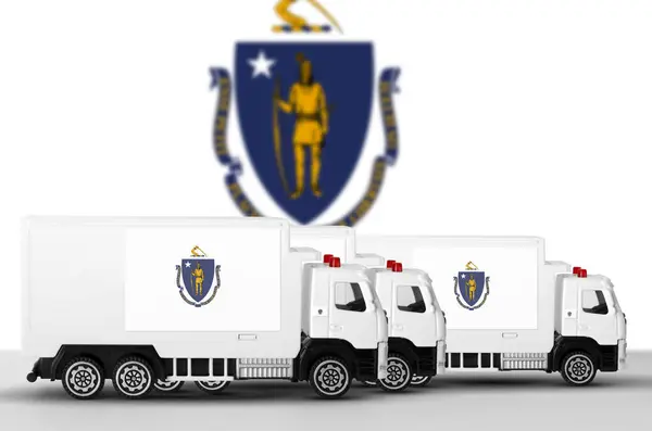 Stock image Massachusetts US state flag depicted on side wall of white delivery van close up. Shipping and local delivery concept