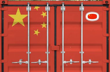 China flag depicted on metal doors of shipping cargo container outdoors in docks area close up clipart