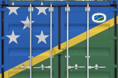 Solomon Islands flag depicted on metal doors of shipping cargo container outdoors in docks area close up clipart