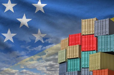 Solomon Islands flag and big stack of shipping cargo containers in docks with sky background close up clipart