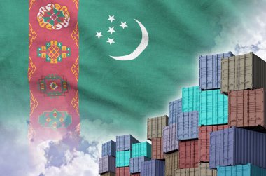 Turkmenistan flag and big stack of shipping cargo containers in docks with sky background close up clipart