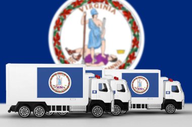 Virginia US state flag depicted on side wall of white delivery van close up. Shipping and local delivery concept clipart