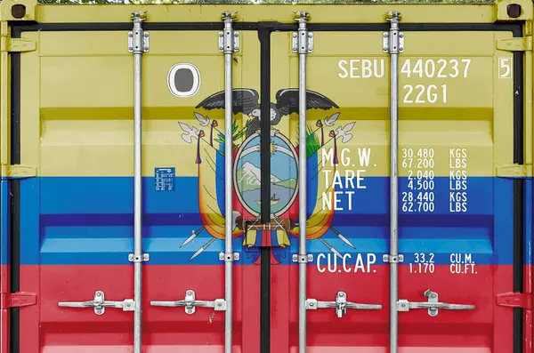 stock image Ecuador flag depicted on metal doors of shipping cargo container outdoors in docks area close up