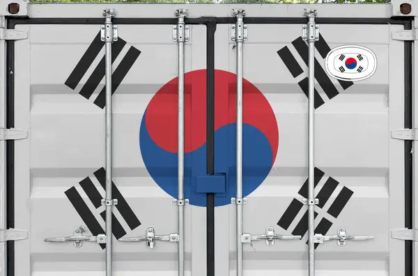 stock image South Korea flag depicted on metal doors of shipping cargo container outdoors in docks area close up