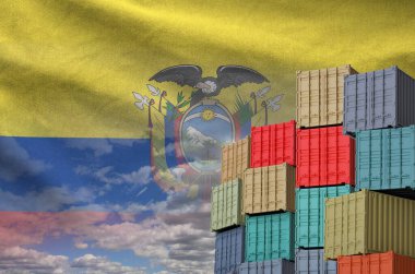 Ecuador flag and big stack of shipping cargo containers in docks with sky background close up clipart