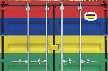 Mauritius flag depicted on metal doors of shipping cargo container outdoors in docks area close up clipart