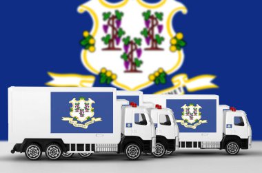 Connecticut US state flag depicted on side wall of white delivery van close up. Shipping and local delivery concept clipart