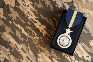 KYIV, UKRAINE - 10 Temmuz 2024 ABD Donanması Seçkin Hizmet Madalyası. Birleşik Devletler askeri madalyası, kurdele ve broşla. El yapımı kağıt tiyatro dekorları yakın plan.