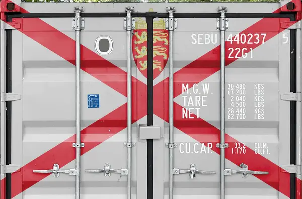 stock image Jersey flag depicted on metal doors of shipping cargo container outdoors in docks area close up