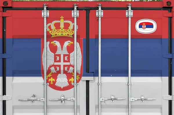 stock image Serbia flag depicted on metal doors of shipping cargo container outdoors in docks area close up