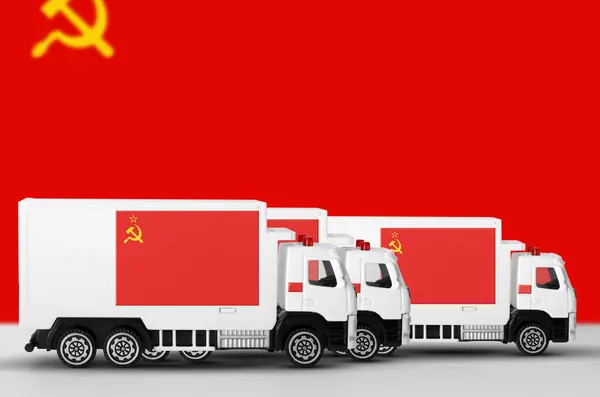 stock image Soviet Union flag depicted on side wall of white delivery van close up. Shipping and local delivery concept