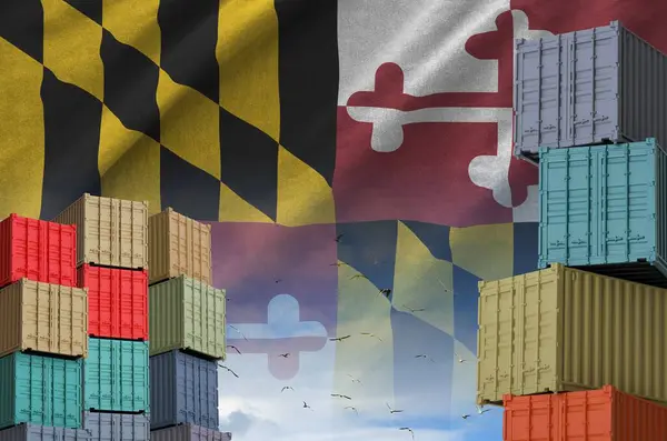 stock image Maryland US state flag and big stack of shipping cargo containers in docks with sky background close up