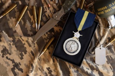 KYIV, UKRAINE - 10 Temmuz 2024 ABD Donanması Seçkin Hizmet Madalyası. Birleşik Devletler askeri madalyası, kurdele ve broşla. El yapımı kağıt tiyatro dekorları yakın plan.