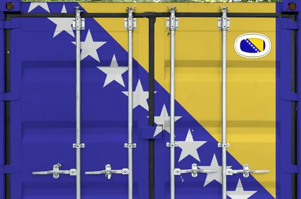 stock image Bosnia and Herzegovina flag depicted on metal doors of shipping cargo container outdoors in docks area close up