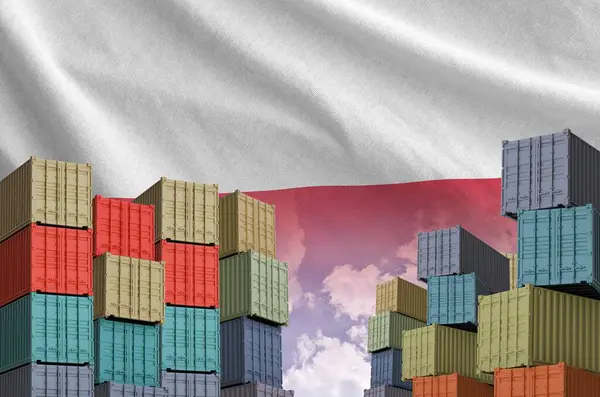 stock image Poland flag and big stack of shipping cargo containers in docks with sky background close up