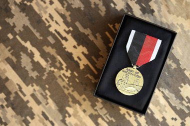 KYIV, UKRAINE - 10 Temmuz 2024 ABD İşgal Ordusu madalyası. Birleşik Devletler askeri madalyası, kurdele ve broşla. El yapımı kağıt tiyatro dekorları yakın plan.