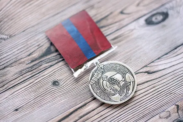 stock image KYIV, UKRAINE - JULY 10, 2024 US Marine corps Army Good Conduct medal. United States military award medal with ribbon and pin. Handmade paper theater props close up