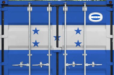 Honduras flag depicted on metal doors of shipping cargo container outdoors in docks area close up clipart