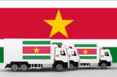 Suriname flag depicted on side wall of white delivery van close up. Shipping and local delivery concept clipart