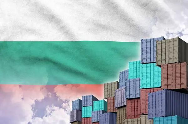 stock image Bulgaria flag and big stack of shipping cargo containers in docks with sky background close up