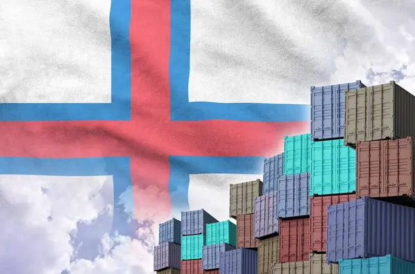 stock image Faroe islands flag and big stack of shipping cargo containers in docks with sky background close up