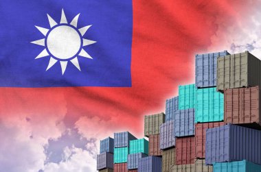 Taiwan flag and big stack of shipping cargo containers in docks with sky background close up clipart