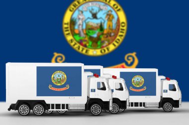 Idaho US state flag depicted on side wall of white delivery van close up. Shipping and local delivery concept clipart