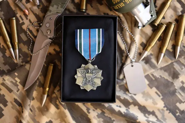 stock image KYIV, UKRAINE - JULY 10, 2024 US Joint Service Achievement medal. United States military award medal with ribbon and pin. Handmade paper theater props close up