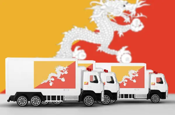 stock image Bhutan flag depicted on side wall of white delivery van close up. Shipping and local delivery concept