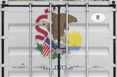 Illinois US state flag depicted on metal doors of shipping cargo container outdoors in docks area close up clipart