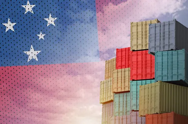 stock image Samoa flag and big stack of shipping cargo containers in docks with sky background close up