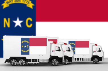 North Carolina US state flag depicted on side wall of white delivery van close up. Shipping and local delivery concept clipart